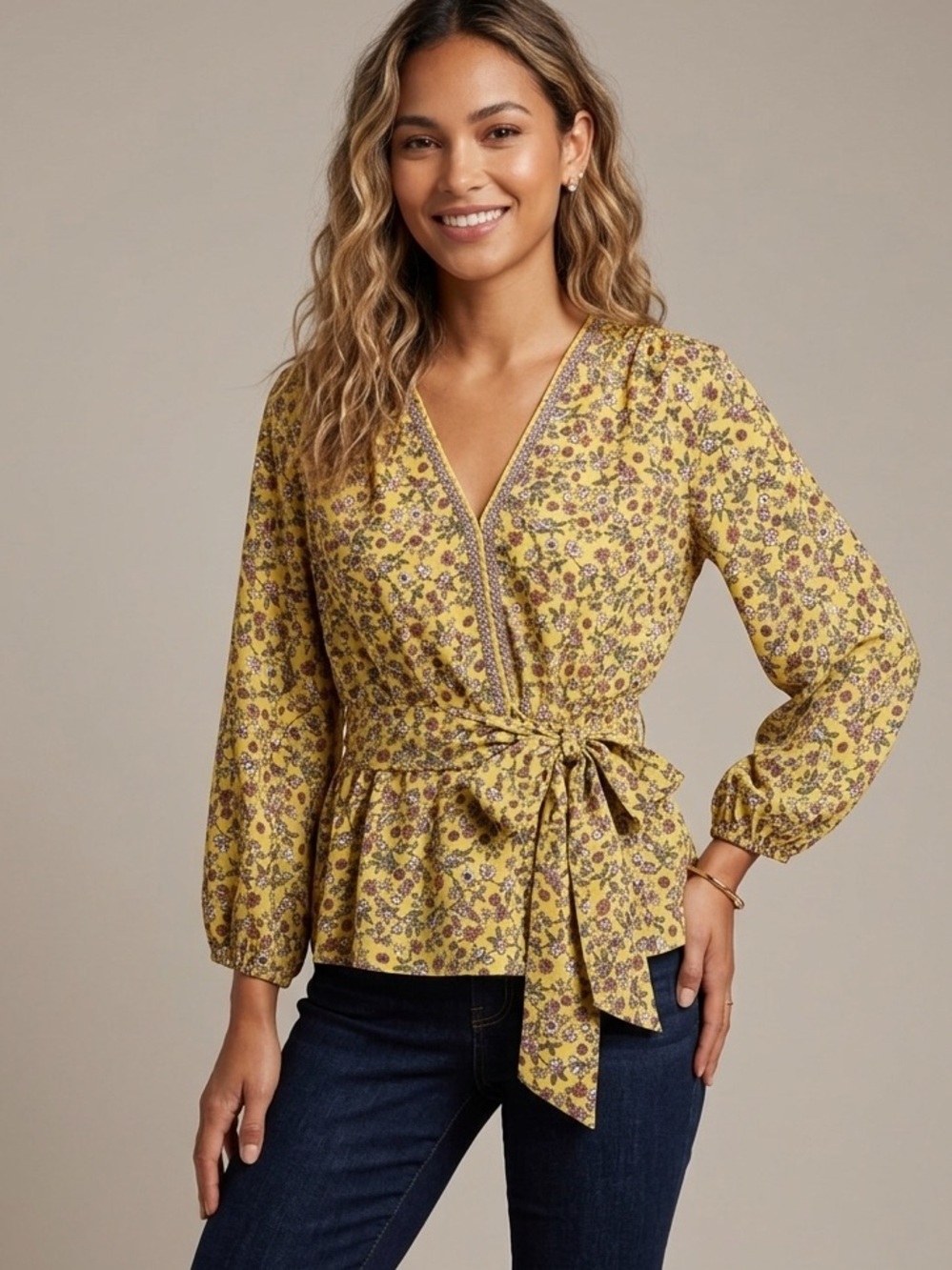 Max Studio Yellow Floral Peplum Blouse Tie Waist Long Sleeve Size M